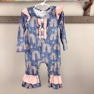 Wellie Kate Kids Girls Rainbow Long Sleeve Romper Jumpsuit Ruffles Pink 6-12mm